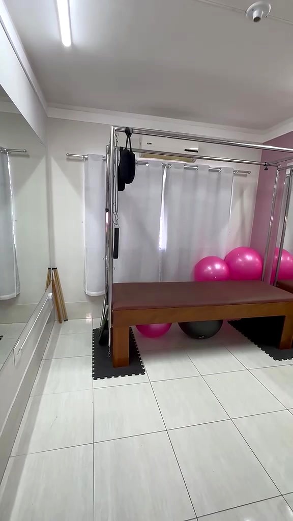 Estúdio de fisioterapia e pilates em Marília: sala com equipamentos, bola rosa e ambiente acolhedor